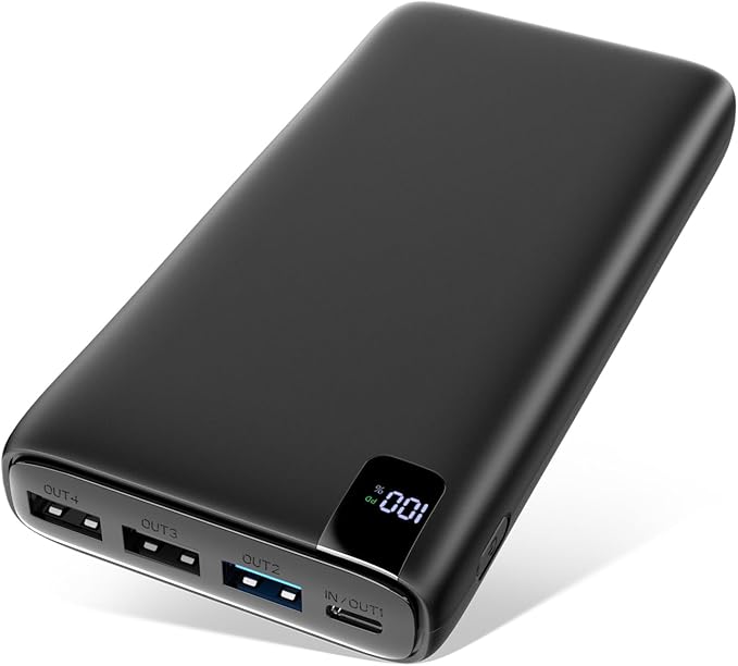A ADDTOP 26800mAh Power Bank in modernem Design mit Schnellladefunktion, vier Ports und kompaktem Format, ideal für Reisen und den Alltag.