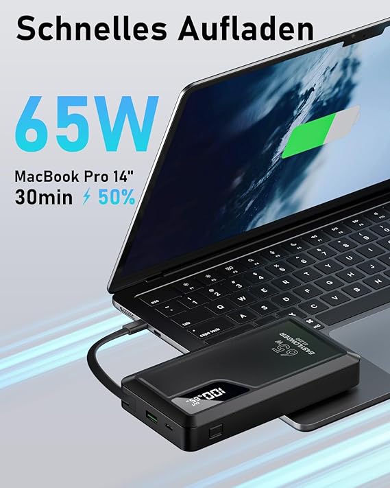EASYLONGER 25000mAh Power Bank mit Smartphone, Laptop und Tablet im Einsatz - Ideal für schnelles Laden unterwegs