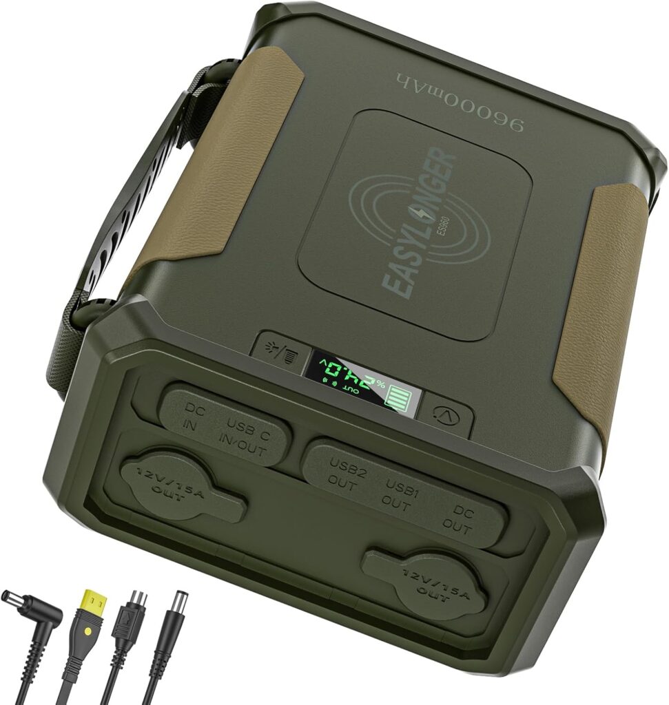 EASYLONGER ES960 Powerbank in einer malerischen nächtlichen Camping-Szene, verbunden mit einem CPAP-Gerät, ideal für Reisende und Camper
