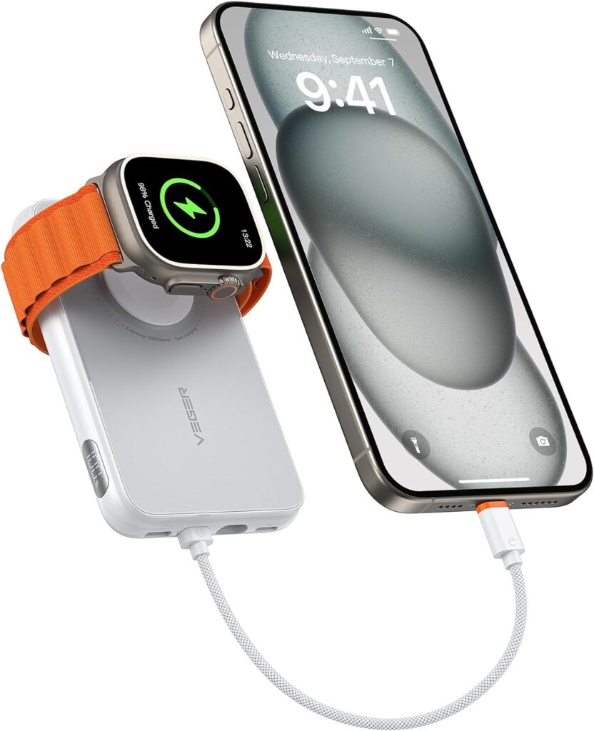VEGER Mini Power Bank 20W PD in Gebrauch, zeigt schnelles Laden von iPhone und Apple Watch, ideal für unterwegs