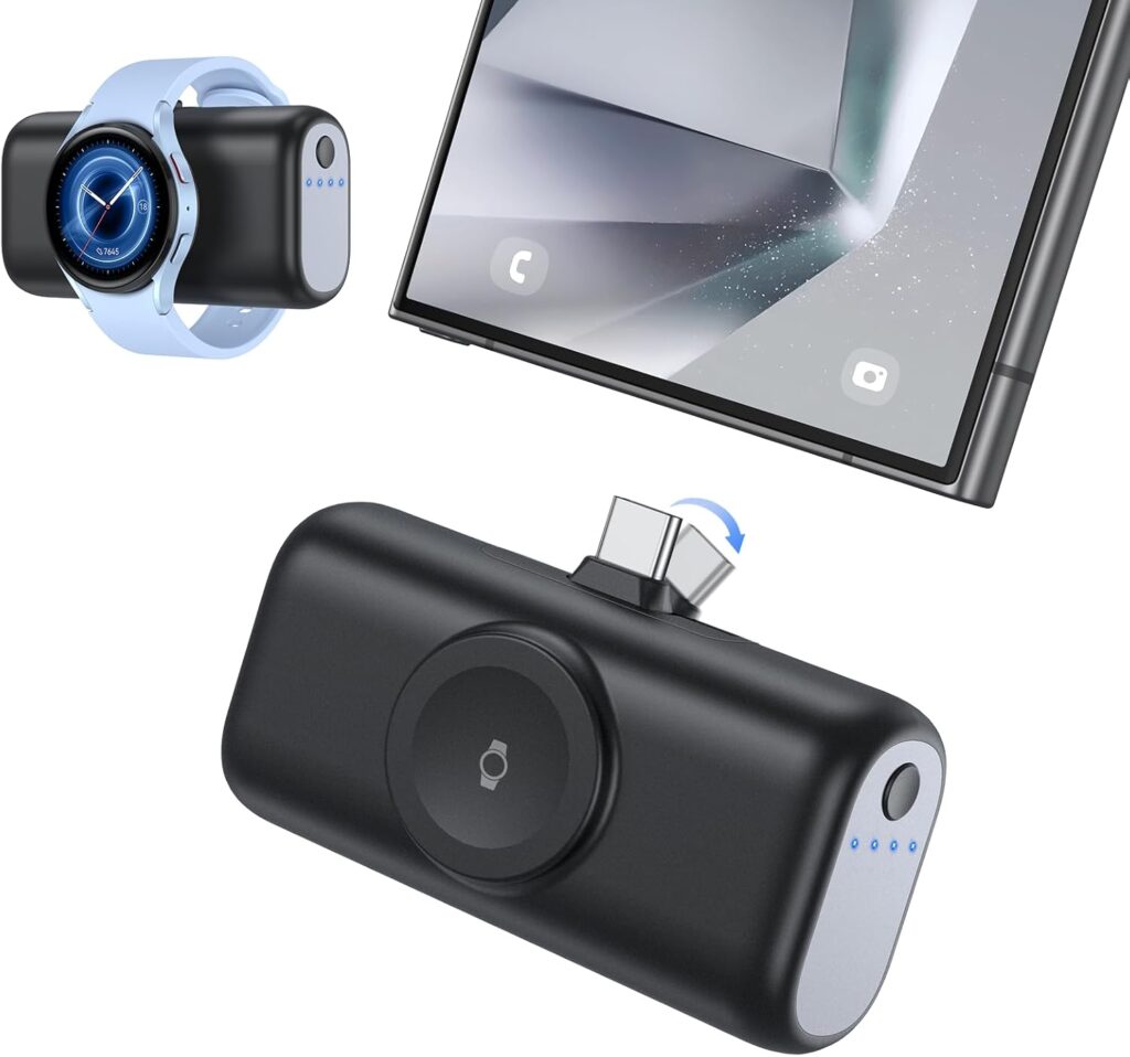 Kompakte Mini Powerbank 3 in 1 mit Unterstützung für Samsung Smartphones, iPhones und Galaxy Watches. Ideal für die mobile Nutzung und sicheres Laden.