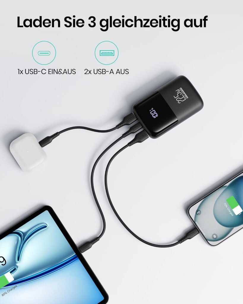 Moderne INIU Power Bank mit 10.000 mAh, zwei USB-Anschlüssen und einem USB-C Anschluss, ideal für schnelles Laden von Smartphone, Tablet und mehr unterwegs.