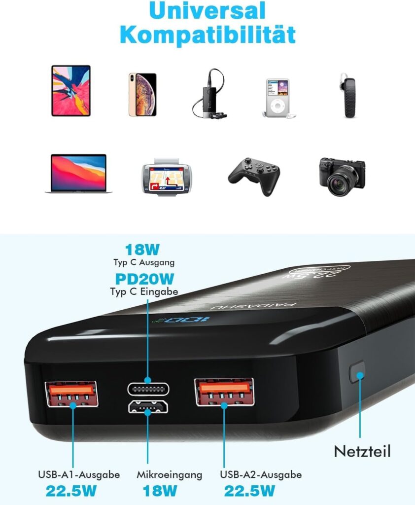 PAIDASHU 27000mAh Power Bank in einer Outdoor-Umgebung, umgeben von Smartphones, Tablets und Laptops. Die Power Bank zeigt mehrere Anschlüsse und ein LCD-Display, symbolisiert Mobilität und technologischen Komfort.