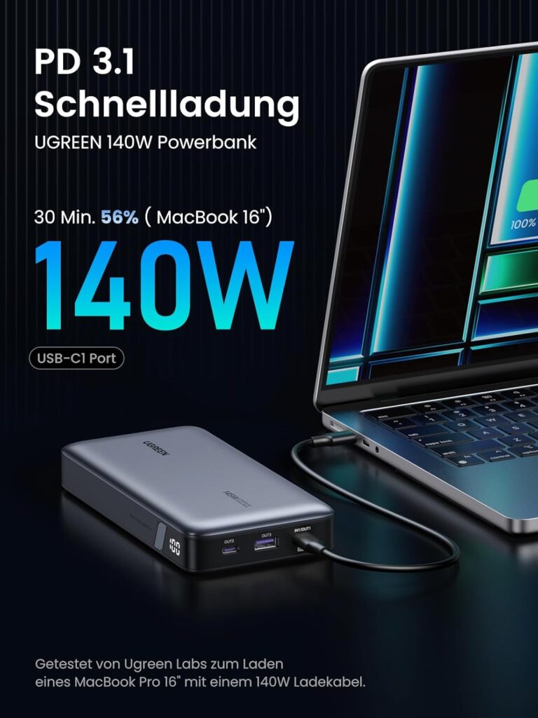 UGREEN Nexode 145W Power Bank zeigt mobiles Laden für Smartphone, Tablet und Laptop, modernes Design und tragbare Nutzung.