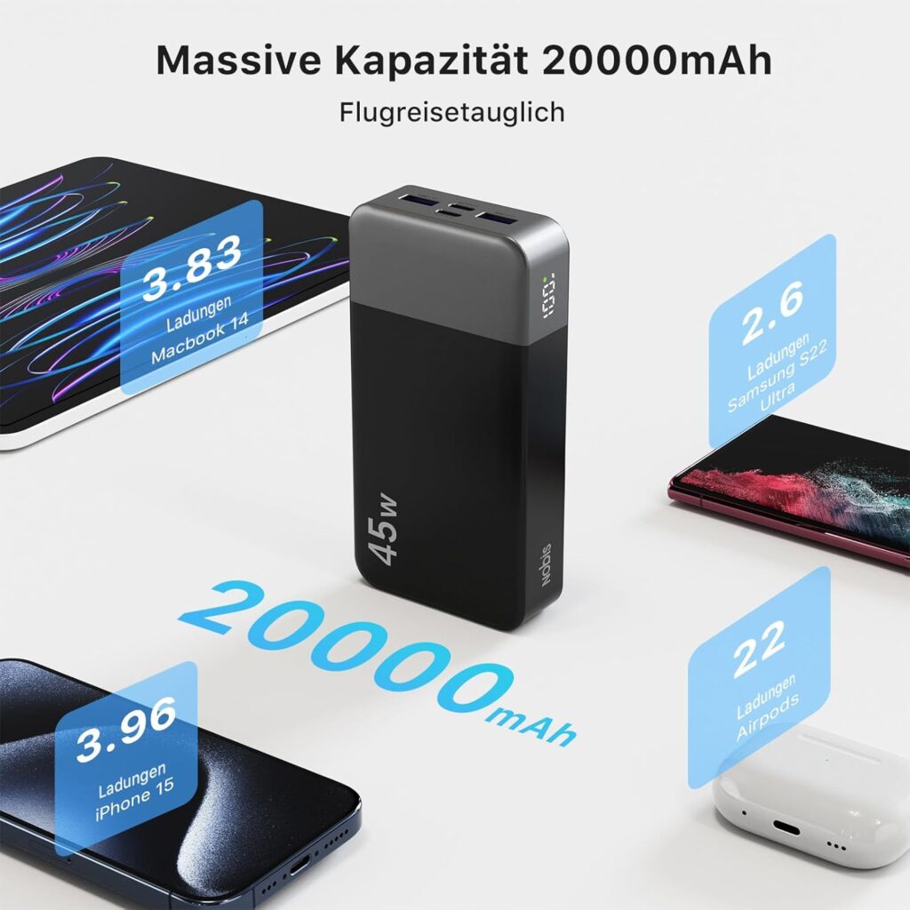 NOBIS Power Bank mit 20000mAh in einer modernen Umgebung, umgeben von Symbolen für mobiles Laden und verschiedenen Geräten