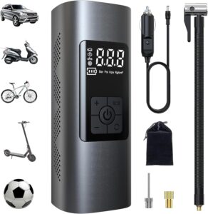 Die Wistrue Elektrische Luftpumpe links im Bild, umgeben von einer Outdoor-Szene mit einem Fahrrad und Luftmatratze, die vielseitigen Einsatzmöglichkeiten der Pumpe darstellend.