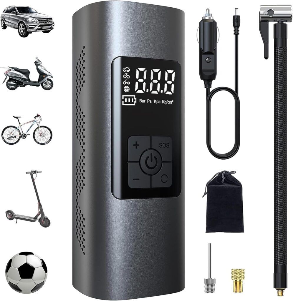 Die Wistrue Elektrische Luftpumpe links im Bild, umgeben von einer Outdoor-Szene mit einem Fahrrad und Luftmatratze, die vielseitigen Einsatzmöglichkeiten der Pumpe darstellend.