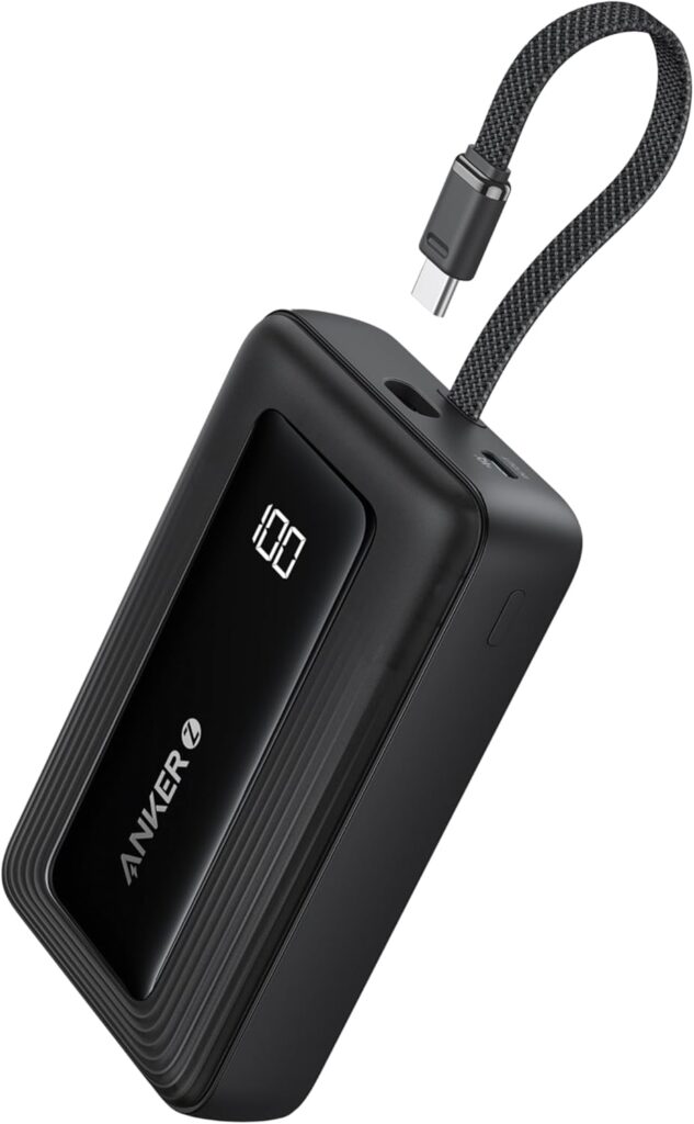 Anker Powerbank 20.000mAh mit integriertem USB-C Kabel in einer mobilen Umgebung, die Schnelligkeit und Sicherheit symbolisiert.