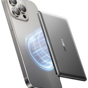 Miniaturige Powerbank mit magnetischer Anbindung für iPhone, schnelles Laden 5000 mAh, wireless externe Akkupack mit USB-C-Kabel, silberne Farbe