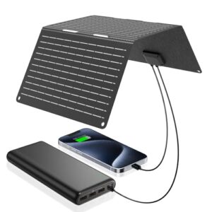Faltbares Solarladegerät für Handy und Kamera, IP67 Wasserdicht, USB-A und USB-C, ideal für Camping und Outdoor-Aktivitäten.