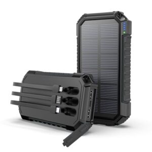 Solar Power Bank mit 3 integrierten Kabeln, USB C externer Akku mit 3 Ausgängen, Tragbare Solar Ladegerät mit LED Taschenlampe für Smartphones und Tablets