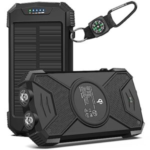 Schnellaufladbare Solar Powerbank mit integriertem Solarmodul für das Laden von Handys und Tablets, tragbarer USB-C Powerbank mit Qi-Schnellladen-Funktion