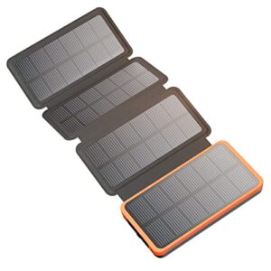 Hiluckey Solar Powerbank 25000mAh mit 4 Solarpanels, 3A Schnelles Aufladen USB C Tragbares Solar Ladegerät mit 3 Ausgängen Externer Akku für Handy Tablet