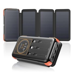 SOARAISE Solar-Power-Bank mit 3 Kabeln und 4 Solarpaneelen, Wireless-Solar-Ladegerät für Smartphone, Tablet und Camping - Schnellladefunktion USB C Externer Akku Taschenlampe