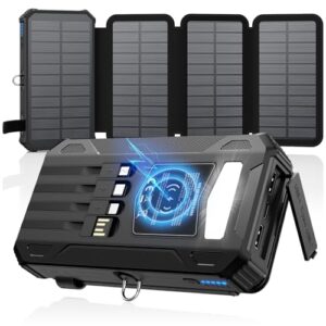 Tragbares Solarladegerät mit 4 integrierten Kabeln und Camping-Taschenlampe, 15W USB-C-Schnellladen externer Akku für Smartphones