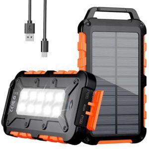 Solar Powerbank mit Solarpanel, externem Akku und LED Taschenlampe für Camping und Outdoor-Aktivitäten, Wasserdicht und mit drei Ausgängen
