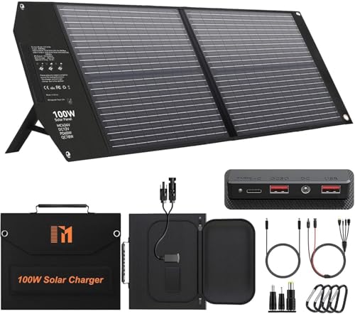 Mesuvida 100W Solar Ladegerät Faltbar mit 5 Anschlüssen, 24V MC4 höhere Leistung/24V DC/QC 3.0 USB-A und USB-C (PD65W) Solar Ladegerät für Außenverwendung, hohe Effizienz, Wasserdicht