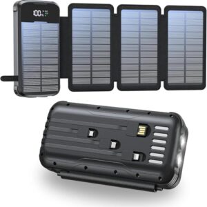 Tragbares Solar-Ladegerät mit 4 faltbaren Solar-Panelen, 20.000mAh Akku und LED-Taschenlampe für Smartphones und Tablets.