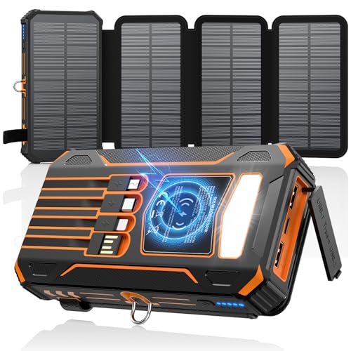 Tragbare Solar Ladegerät mit 4 Kabel und 4 Solarpanels - Wireless Powerbank für Outdoor Camping und Reisen
