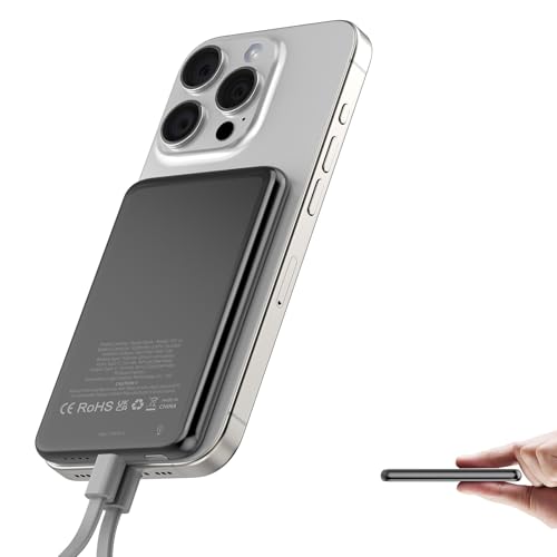 Ultra Slim Power Bank für Magsafe, Magnetische Power Bank mit 5000mAh Kapazität und 20W PD Wireless Schnellladung, tragbares Ladegerät mit USB-C Ladekabel und externem Handy-Akku für iPhone
