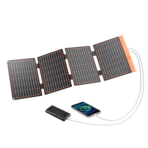 Kleines 40W USB Solarpanel Ladegerät mit zwei USB-Anschlüssen für Schnellladung und integriertem Smart-Chip für effiziente Stromlieferung in Notfällen, Camping oder Rucksackreisen.