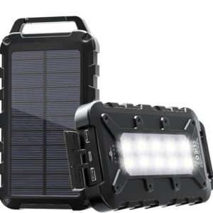 Tragbare Solar Powerbank mit 3 Ausgängen und LED-Licht, wasserdicht und solar ladebar für Smartphone Tablet Camping Outdoor Schwarz
