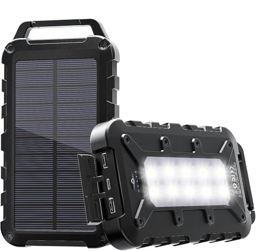 Tragbare Solar Powerbank mit 3 Ausgängen und LED-Licht, wasserdicht und solar ladebar für Smartphone Tablet Camping Outdoor Schwarz