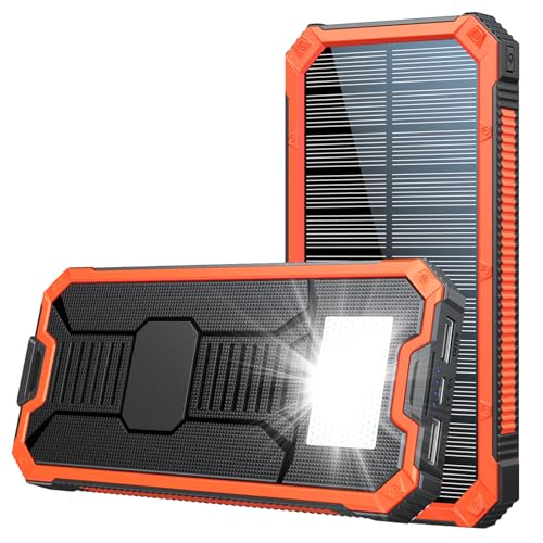 Solar Powerbank 20000mAh mit Solarladegerät für Smartphone und Tablet, Wasserdichter Akku mit LED-Licht