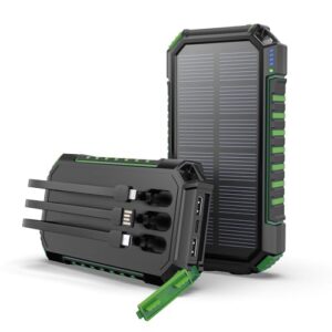 Tragbare Solar Powerbank mit 3 integrierten Kabeln und LED Taschenlampe für Smartphones, Tablets und externe Akkus - Grün