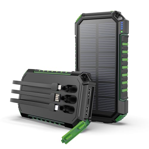 Tragbare Solar Powerbank mit 3 integrierten Kabeln und LED Taschenlampe für Smartphones, Tablets und externe Akkus - Grün