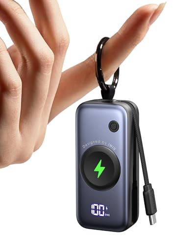 Ergonomische Powerbank mit integriertem USB-C-Kabel, 5000mAh Kapazität, kompakte und leichte Konstruktion, sichere Schnellladung