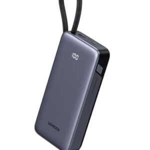 UGREEN Power Bank 20000mAh Schnellladen mit integriertem USB-C Kabel und Bidirektionalem 45W PD für externe Handyakkus kompatibel mit Galaxy S25 Ultra, iPhone 17/16 Serie, iPad und Laptop