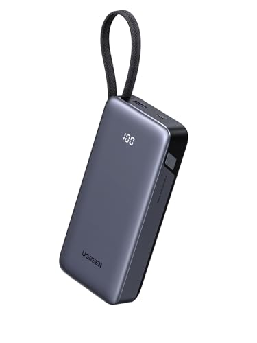 UGREEN Power Bank 20000mAh Schnellladen mit integriertem USB-C Kabel und Bidirektionalem 45W PD für externe Handyakkus kompatibel mit Galaxy S25 Ultra, iPhone 17/16 Serie, iPad und Laptop