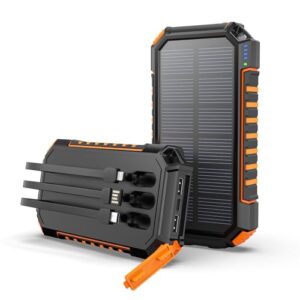 Solar-Powerbank mit 27000mAh Kapazität, USB-C Externen Akku mit 3 integrierten Kabeln und 3 Ausgängen für Smartphone, Tablet, Camping