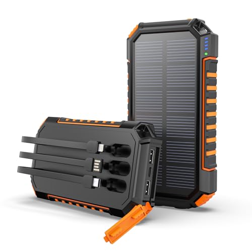 Solar-Powerbank mit 27000mAh Kapazität, USB-C Externen Akku mit 3 integrierten Kabeln und 3 Ausgängen für Smartphone, Tablet, Camping