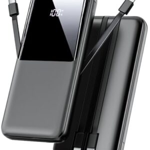 Tragbares Ladegerät mit 3 Anschlüssen und 2 integrierten Kabeln, Powerbank für iPhone und Android, Schwarz