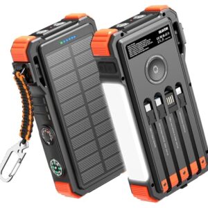 Hochwertiger Solar Power Bank 20000 mAh mit kabelloser Ladung und integrierten Kabeln für schnelle Aufladung von Handy, iPad und Apple Watch. Portable Charger mit Taschenlampe und Karabiner.