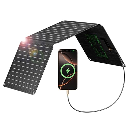 Faltbares 30W Solar-Ladegerät mit USB-C, USB-A und DC-Anschluss für tragbare Geräte wie Smartphones, Powerbanks und Camping-Ladegerät.
