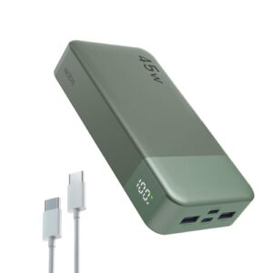 Große NOBIS Power Bank mit 20000mAh Kapazität für schnelles Laden von Handys, Laptops und anderen Geräten. Externer Akku mit C zu C Kabel und digitaler Anzeige.