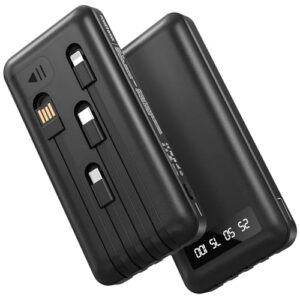 Eine schwarze Powerbank mit einer Kapazität von 26800 mAh wird gezeigt. Die Powerbank verfügt über vier integrierte Kabel und ermöglicht eine schnelle Ladezeit. Sie hat ein LED-Display und einen Halter, um das Telefon bequem zu laden.