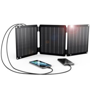 Tragbares 21W Solarladegerät mit faltbarem Solarpanel und zwei USB-Anschlüssen für schnelles und sicheres Laden von Mobilgeräten wie Smartphones, Tablets und Samsung-LG-Produkten