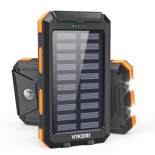 Solar Powerbank mit Solarpanel, Wasserdicht und vier USB-Ausgänge, ideal für Outdoor-Aktivitäten wie Camping oder Wandern