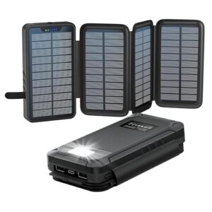 Solar Powerbank 26800mAh mit 2 USB-A Ausgang und 1 USB-C Eingang, Outdoor Wasserfester Externer Akku mit 4 Solarpanels und Taschenlampe für Smartphones Tablets Camping
