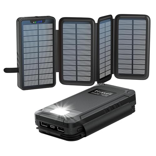Solar Powerbank 26800mAh mit 2 USB-A Ausgang und 1 USB-C Eingang, Outdoor Wasserfester Externer Akku mit 4 Solarpanels und Taschenlampe für Smartphones Tablets Camping