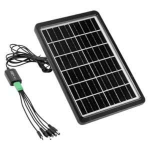 Solar charger QWORK mit schwarzer Rahmung und grüner Kabel an einem Mini USB Solarpanel für Outdoor-Aktivitäten. Wasserdicht, 6V, 8W, 1,6A.