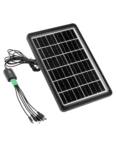 Solar charger QWORK mit schwarzer Rahmung und grüner Kabel an einem Mini USB Solarpanel für Outdoor-Aktivitäten. Wasserdicht, 6V, 8W, 1,6A.