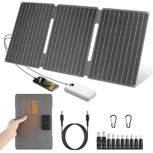 Solarladegerät 30W Solarpanel Faltbar Camping Tragbares, ETFE IP67 Faltbares Solar Panel, DC+USB 3.0+Type-C, Solar Powerbank für Netzstation Handy Tablette Wandern