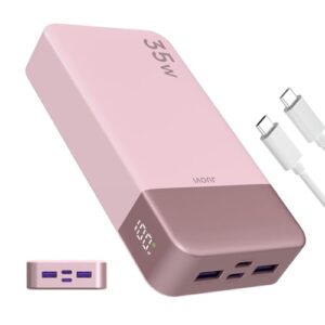 Rosa Powerbank mit 20.000 mAh Kapazität und USB-C In & Out Schnellladung für Handy, Tablet und Bluetooth Earbud