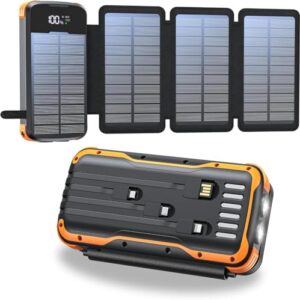 Solare Powerbank 20000mAh mit integriertem Faltbaren Solarpanel und vier Ladekabeln für Smartphone, Tablet und Outdoor-Aktivitäten