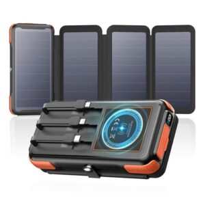 Solare Powerbank mit 25.000mAh Kapazität, Wireless PowerBank mit integrierten Kabeln, 20W Schnellladefunktion und vier integrierten SolarpaneLEN